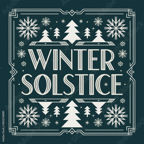 Winter Solstice Art Deco Design with Snowflakes and Trees