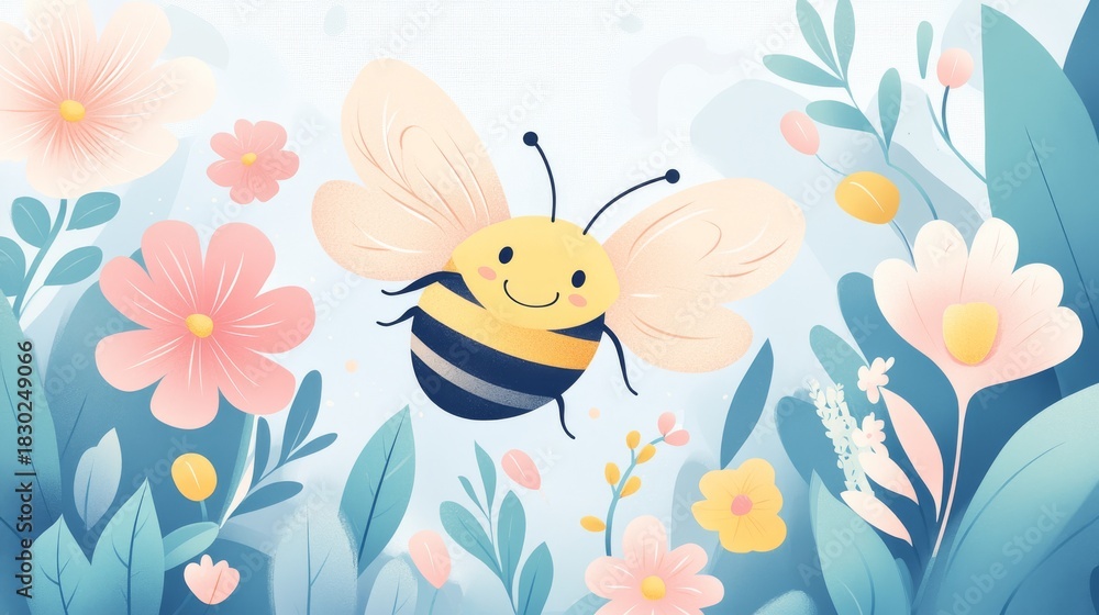 Fototapeta premium 93.A playful vector illustration of a bee buzzing around a vibrant garden of flowers and plants, with bright colors, capturing the spirit of World Bee Day and the importance of pollination.