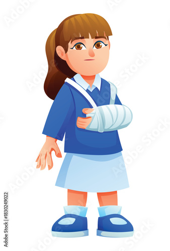 Little girl with a broken arm in a cast and sling. Vector cartoon illustration