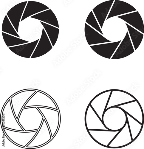 Camera lens aperture icon set black and white photographic illustration