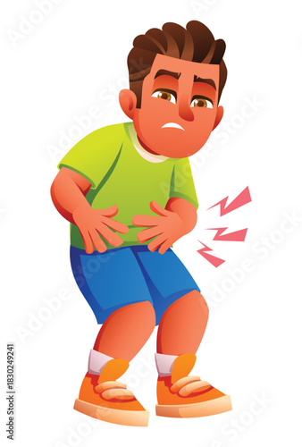 Little boy with abdominal pain, holding his stomach and frowning. Isolated character on white background. Vector cartoon illustration