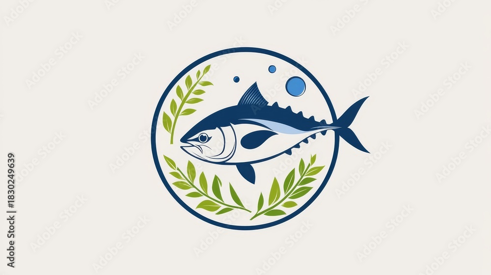 Obraz premium 54.A sleek and minimalistic badge for World Tuna Day featuring a simple tuna fish silhouette inside a circle, accented with blue and green tones symbolizing the ocean and sustainability.