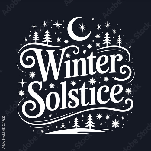 Winter Solstice lettering with moon, trees, and stars