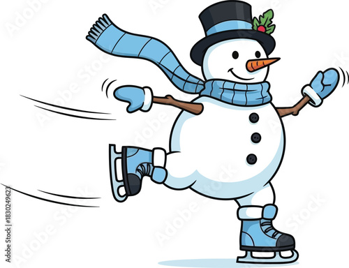 Cute cartoon snowman happily ice skating wearing a blue scarf and hat with holly, isolated on white background