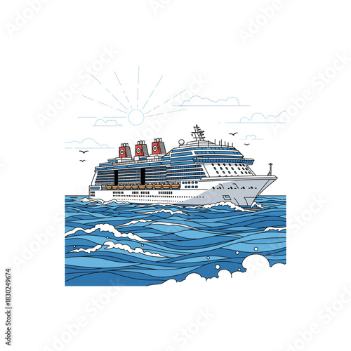Cruise ship sailing on the ocean with blue waves and clear skies.