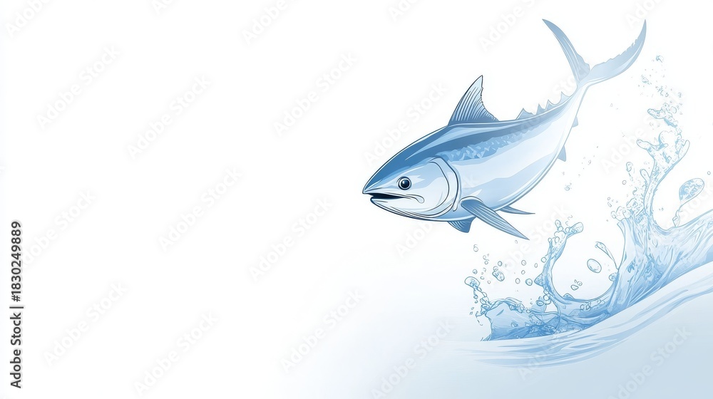 Fototapeta premium 73.A stylish and eye-catching banner template for World Tuna Day featuring a prominent tuna fish jumping out of the ocean with bright and bold typography space, perfect for editable event details and