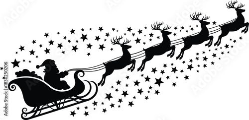 Diverse Vector Set of Santa Claus Riding Sleigh and Reindeer Silhouettes for Christmas Holiday Decoration