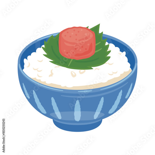お茶碗に盛られたタラコご飯のイラスト／Illustration of Rice with Cod Roe in a Rice Bowl
