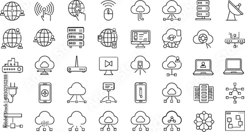 Collection of technology and network icons silhouette