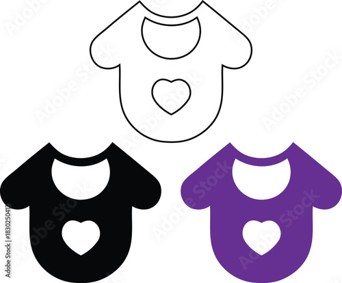 Three Baby Bib Icons with Heart in Outline Black and Purple
