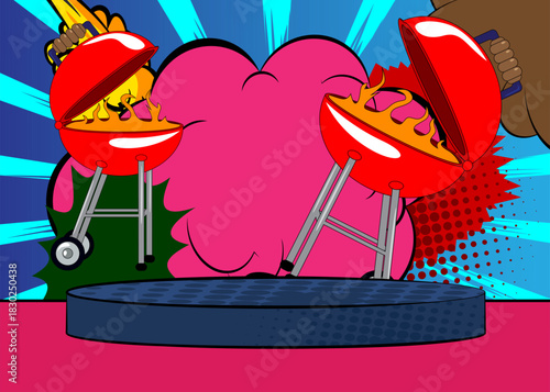 Comic Book Product podium stage for mockup presentation with Burning wood in barbeque grill. Retro comics background.