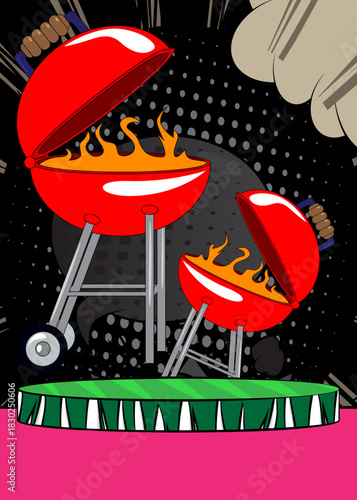 Comic Book Product podium stage for mockup presentation with Burning wood in barbeque grill. Retro comics background.