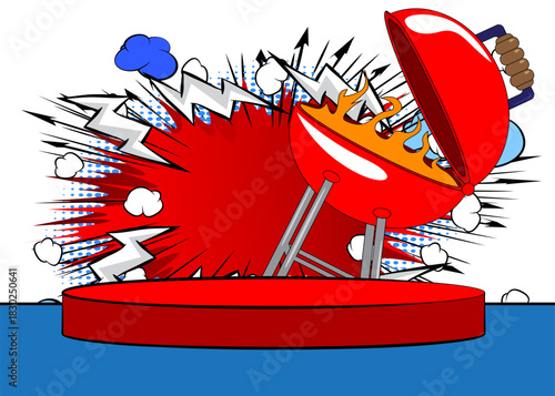 Comic Book Product podium stage for mockup presentation with Burning wood in barbeque grill. Retro comics background.