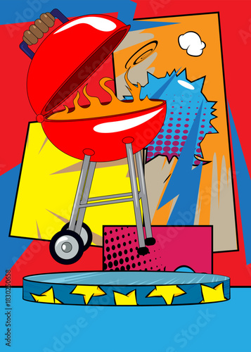 Comic Book Product podium stage for mockup presentation with Burning wood in barbeque grill. Retro comics background.