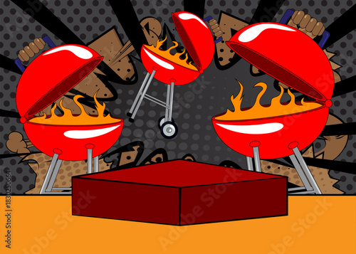 Comic Book Product podium stage for mockup presentation with Burning wood in barbeque grill. Retro comics background.