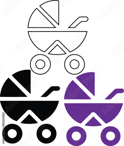 Three Baby Stroller Icons Outline Silhouette Purple