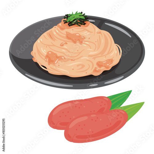 皿に盛られた明太子パスタのイラスト／Illustration of Mentaiko Pasta Served on a Plate