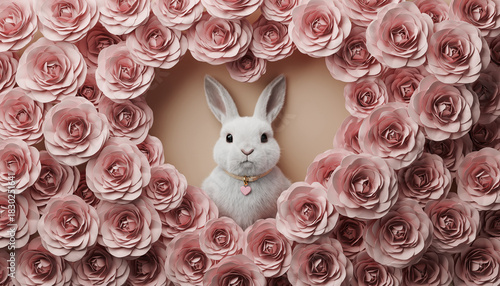 White rabbit sitting inside heart shaped arrangement of dense pink rose petals on beige background, wearing collar with heart pendant, creating cute and romantic atmosphere