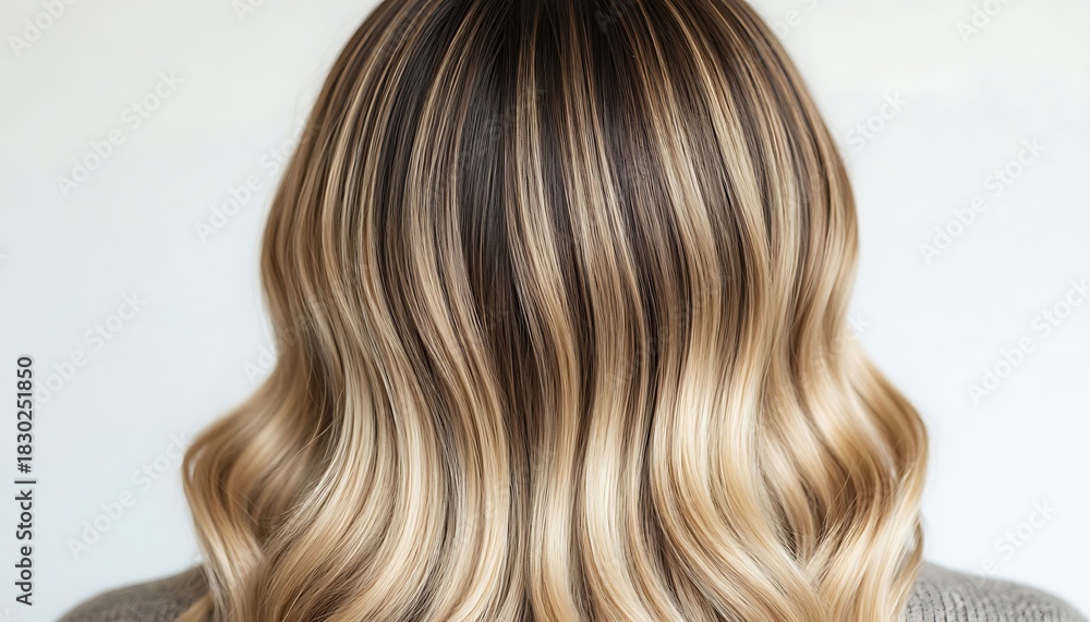Naklejka premium Rear view of a woman with long wavy blonde and brown balayage hair color on a neutral background for beauty and hair care.