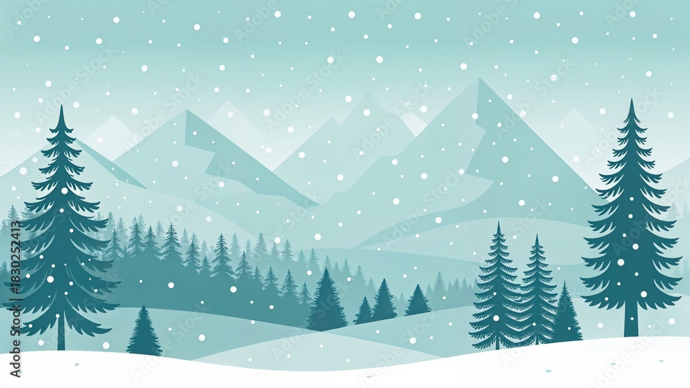 Obraz premium A winter landscape with snow falling on pine trees and mountains in a serene and peaceful scene | ai generated