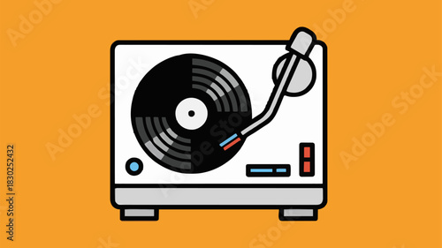 Minimalist Vintage Record Player Illustration Designed with Clean Lines, Simple Geometric Forms, Bold Outlines, and a Black Vinyl Disc Enhanced by Soft, Minimal Shading
