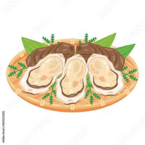 ザルに盛られた牡蠣のイラスト／Oysters Served in a Basket Illustration