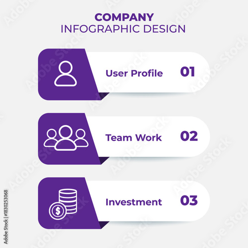 Company Infographic Template 3 Steps Options with Purple Icons for Business Presentation
