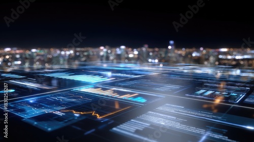 High-Tech Digital Interface with Data Visualization Over City Skyline at Night Featuring Graphs and Charts in Futuristic Environment