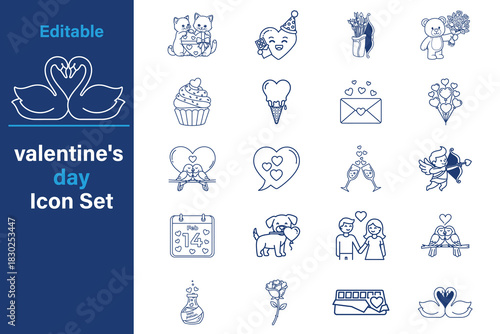 Editable valentine day icon set with love symbol, heart, couple and gift outline