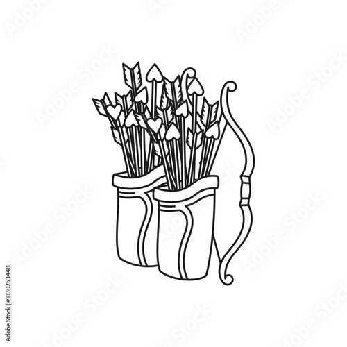 Outline drawing of two quivers full of arrows and a bow