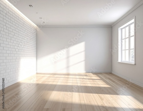 Wallpaper Mural Bright, empty room with white brick and wood floor Torontodigital.ca
