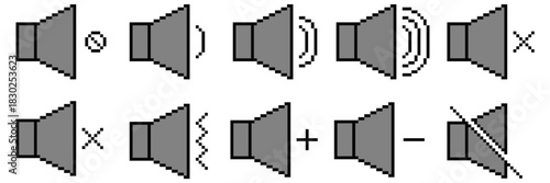 Set Pixel Sound Icon Vector Ideal for gaming interfaces, audio settings, and volume control graphics in a retro 8-bit style. Symbolizes sound, volume, and audio settings.