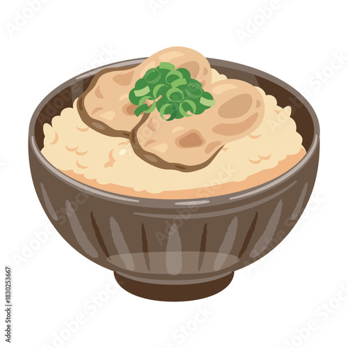お茶碗に盛られた牡蠣飯のイラスト／Illustration of Oyster Rice Served in a Rice Bowl