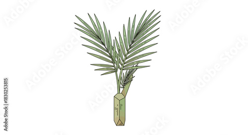 Illustration of a palm tree frond emerging from a cut trunk.