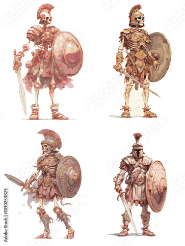 Dynamic illustration of skeleton gladiators in ancient armor carrying swords and shields, blending mythology, battle themes, and dramatic fantasy warrior design.