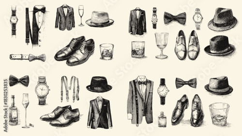Vintage illustration of gentleman accessories including suits, shoes, hats, watches, bow ties, liquor, and glasses, showcasing classic masculine style and refined fashion essentials.