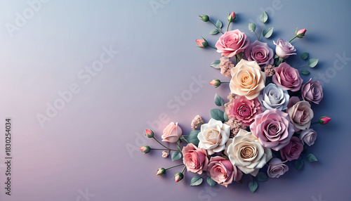 Rose bouquet arranged in clean minimal composition on soft pastel background, featuring delicate pink, white, and cream flowers with green leaves, evoking serene and romantic mood