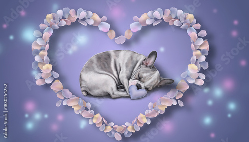 French bulldog puppy sleeping at center of whimsical heart made of pastel rose petals, dreamy bokeh background, peaceful and adorable atmosphere