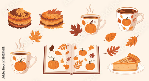 A delightful autumn collection of colorful leaves, steaming hot drinks in pumpkin mugs, an open book, and a slice of pie, embodying cozy fall comfort.