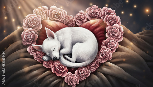 White dog sleeping on red heart shaped pillow surrounded by pink rose petals, cozy and peaceful atmosphere with soft glowing light and fireflies