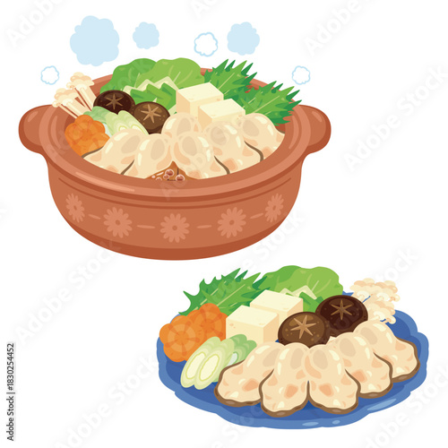 牡蠣鍋と皿に盛られた食材／Illustration of Oyster Hot Pot with Ingredients on a Plate