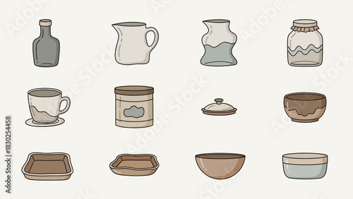 Collection of various kitchenware and tableware items in a cartoon style.