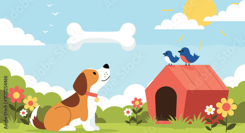 A happy cartoon dog sits in a bright, sunny meadow, gazing longingly at a floating bone while two birds perch on its red doghouse.