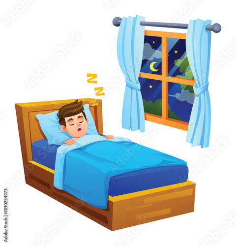 Young boy sleeping soundly in his bed under a blue blanket with a window showing the night sky. Vector cartoon illustration