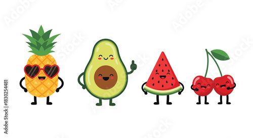 A collection of cute and happy cartoon fruit characters including a pineapple, avocado, watermelon slice, and cherries on a white background.