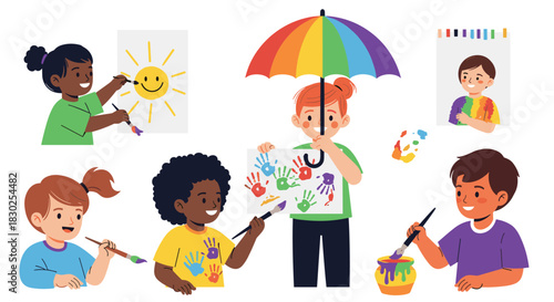 Diverse group of smiling children happily engaged in various art activities, including painting suns, creating colorful handprints, and mixing vibrant colors.