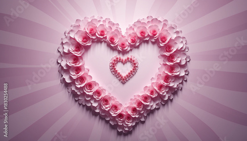 Pink rose petal heart with spiral pattern and soft shadows on gradient pink background, romantic and dreamy mood, perfect for love or wedding themes
