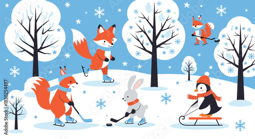 Cute cartoon animals like foxes, a rabbit, and a penguin enjoy winter sports such as ice skating, hockey, and sledding in a whimsical snowy forest.