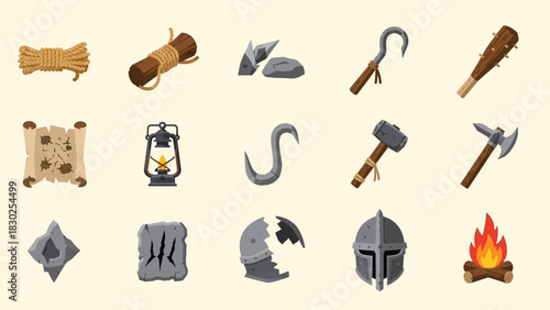 Collection of various survival tools and equipment for wilderness exploration.