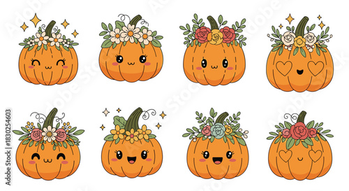 Adorable collection of eight cartoon pumpkins with various floral wreaths and charming expressions, perfect for autumn and Halloween designs.